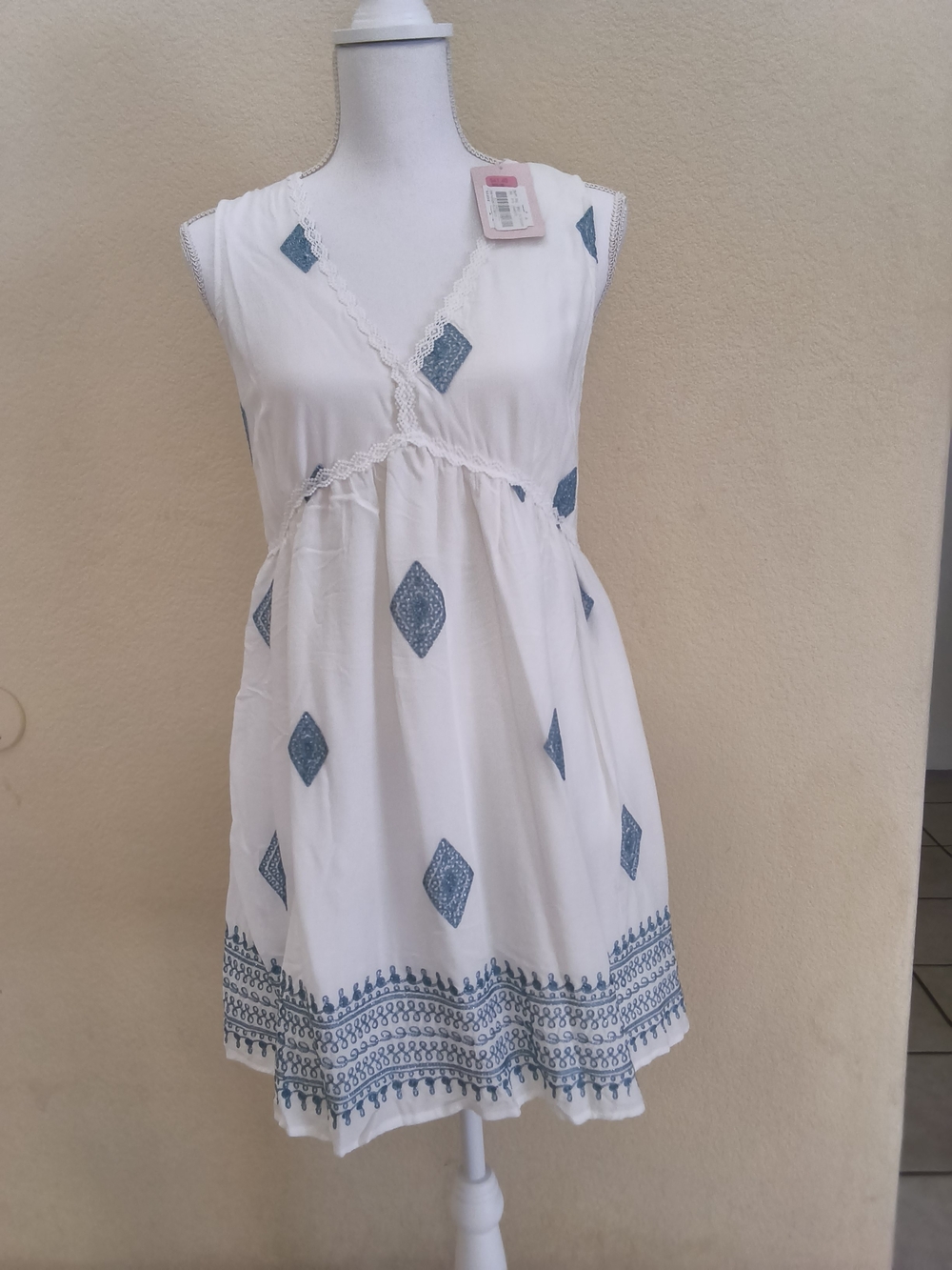 Chelsea & Violet White Mini Dress with Blue Diamond Print